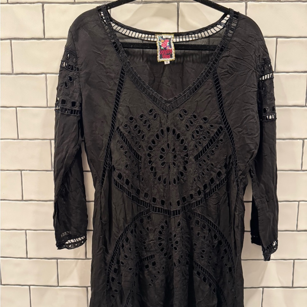 Johnny Was Black Embroidered Eyelet Tunic Dress Small